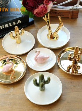 高档潮品天鹅仙人掌陶瓷首t饰托盘戒指托盘收纳碟收纳家居饰品摆