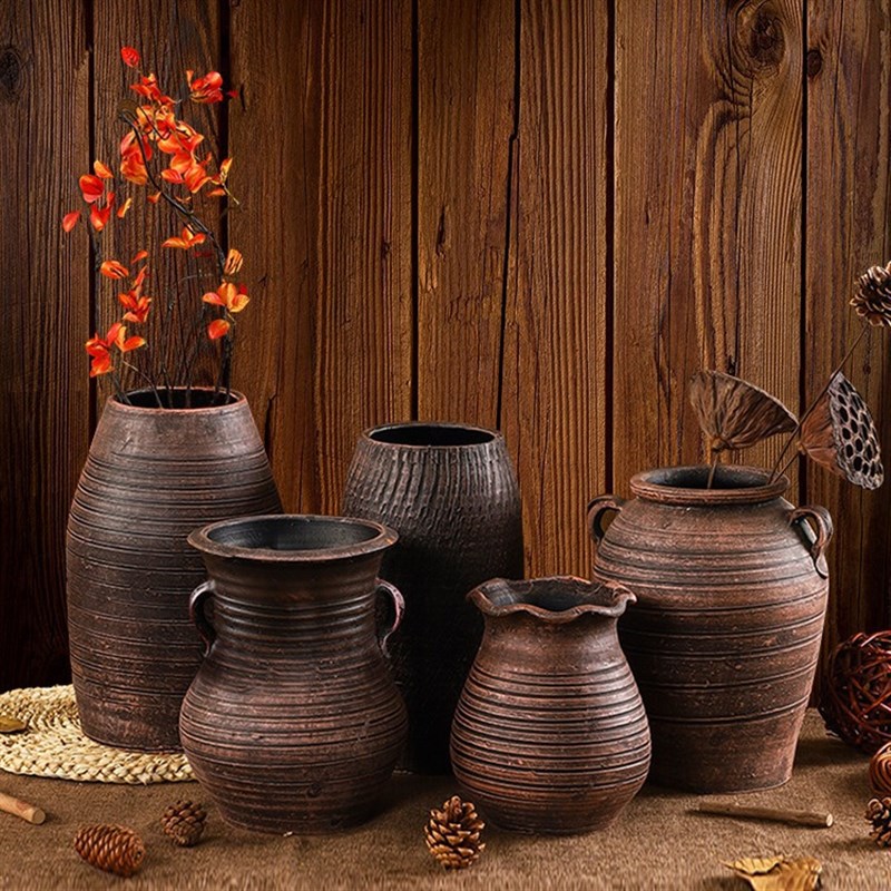 中式复古陶罐花瓶插花器花u盆家居土培干花客厅装饰摆件仿古土陶