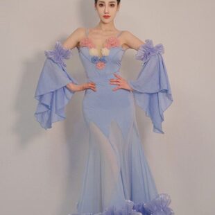 鲸艺国标舞服摩登舞吊带花朵装饰蓝色连体衣花边半身裙长款表演服
