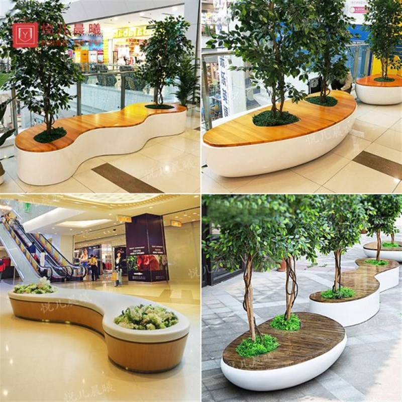 休闲凳户外商场酒店木定制玻璃钢美陈公共K休息区池座椅树创意纹