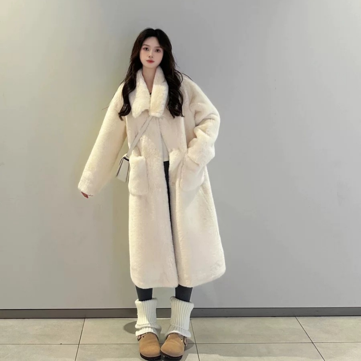 白色长款仿水貂绒毛毛外套女秋冬懒兔毛年轻环保皮草加棉加厚大衣