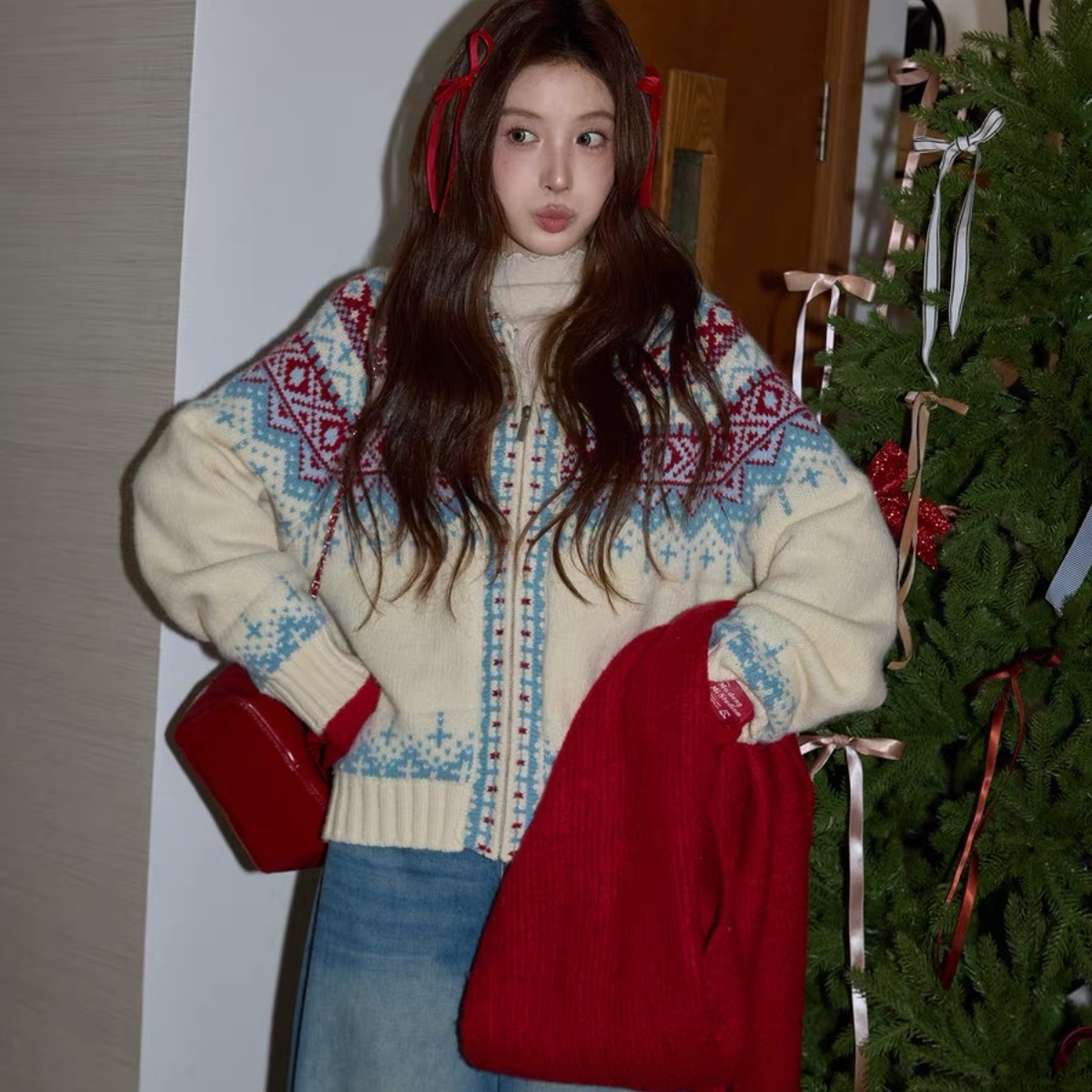 圣诞连帽厚毛衣开衫秋冬女米色费尔岛毛衫加厚长袖毛织外套