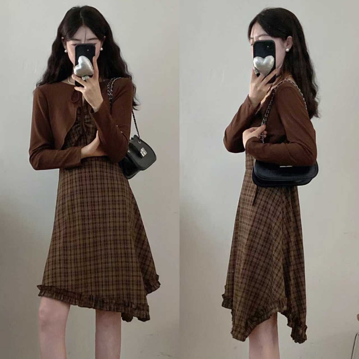 实拍~大码秋季格子连衣裙胖MM收腰显瘦甜辣吊带裙外搭开衫两件套