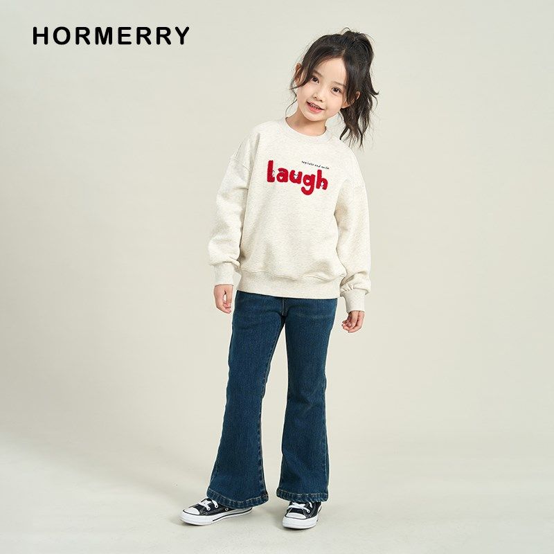 赫米童装2024秋冬女童加绒弹力牛仔喇叭裤中大童牛仔长裤洋气百搭