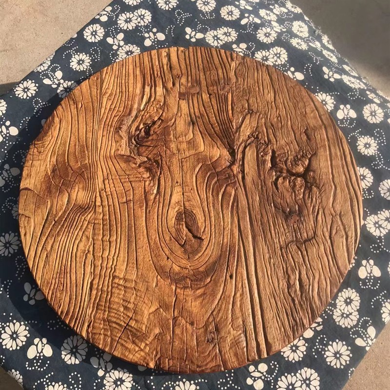 风化老榆木实木圆形台面定制圆桌面板原木折叠圆桌面小茶几圆盘面
