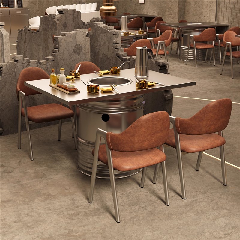 不锈钢圆桌商用炭火烤肉桌子工业风无烟净化电磁炉火锅烧烤一体桌