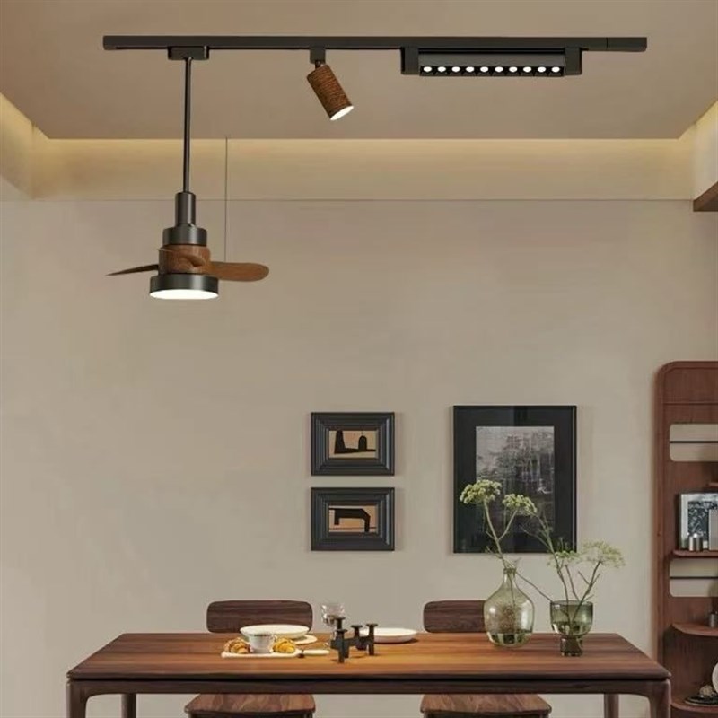 中古风卧室客厅餐厅风扇吊灯轨道吸顶胡桃木色风扇灯静音护眼