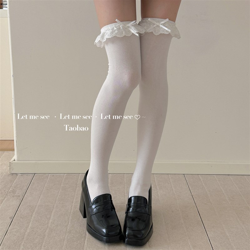 LET ME SEE 日系洛丽塔花边小腿女袜 少女蝴蝶结黑色棉过膝大腿袜