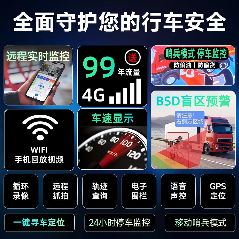货车行车记录仪24v四路监控远程手机互联哨兵车4G高清夜视摄像头