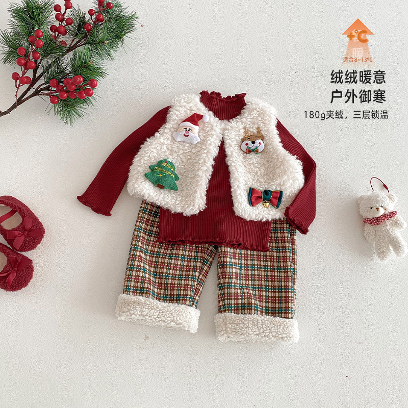 儿童毛毛马甲新款冬季男童女童卡通圣诞节加绒上衣宝宝加厚冬装