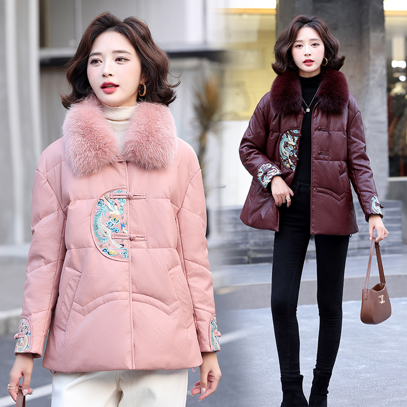 冬海宁真皮皮衣女短款韩版大码宽松羽绒服加厚外套妈妈装皮夹克