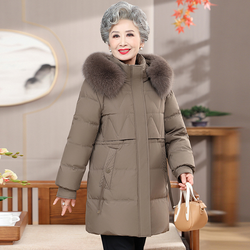 2024奶奶白鸭绒羽绒服女中长款狐狸毛领妈妈装冬季新款中老年外套