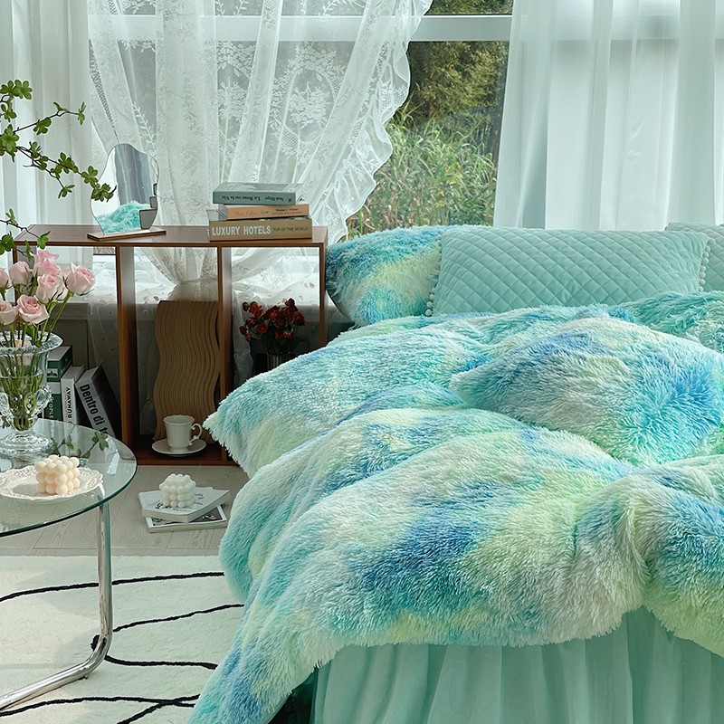 冬季水貂绒床上四l件套长毛被套珊瑚绒双面毛绒加绒加厚床裙公主