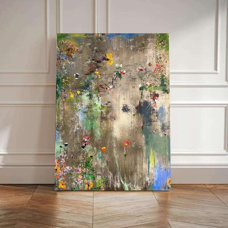 法式奶油中古风肌理手绘油画客厅装饰画高级感餐边柜玄关挂画睡莲图片