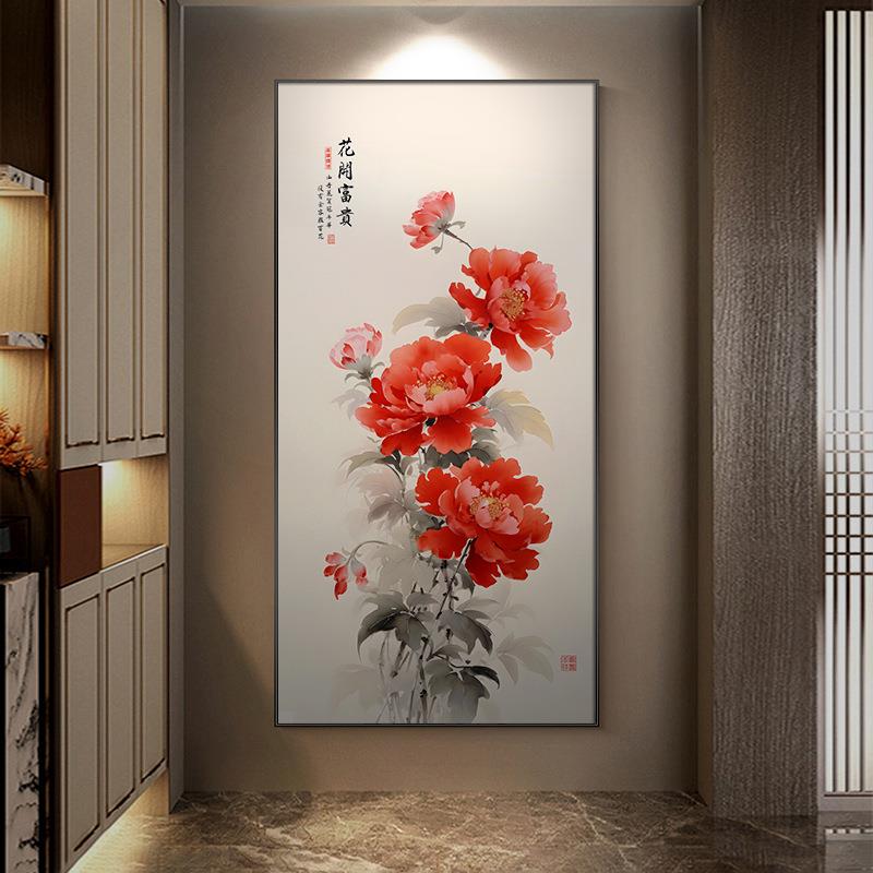 中国风玄关画牡丹装饰画民宿挂画竖中式茶馆布置壁画百合桂花国画