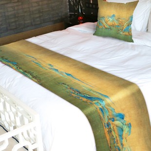 中式千里江c山风景图桌旗茶座桌布桌垫电视柜枱布卧室床旗床尾布