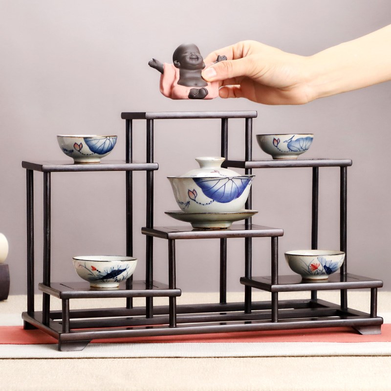 紫光檀博古架小型前后多宝阁工艺品摆件展示架红木U茶壶茶具置物