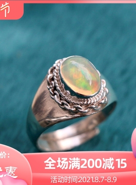 尼泊尔手工饰品银欧珀欧泊石戒指开口简I约复古创意个性藏式民族