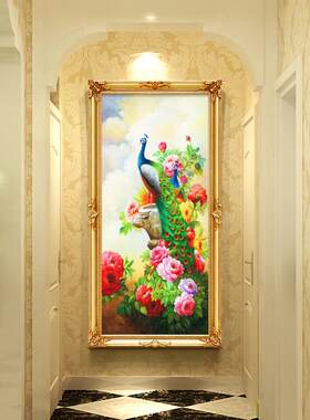 欧式入户玄关装饰画动物孔雀油画简欧美式走廊过道挂画壁画