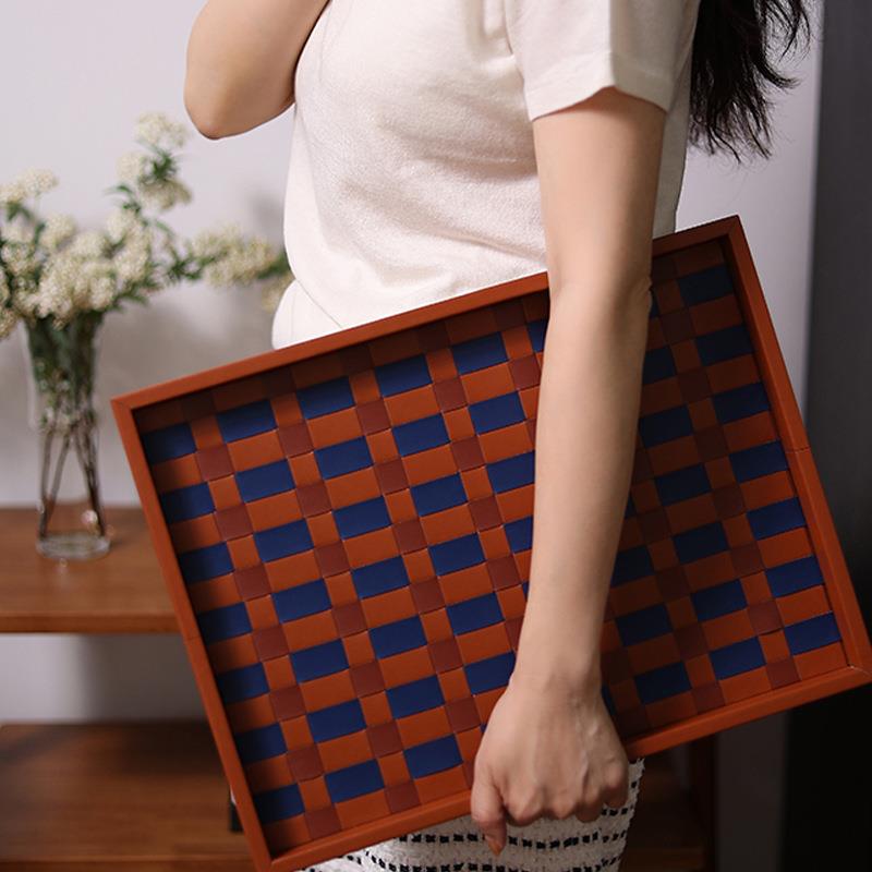编织棋盘格皮质托盘家用客厅卧室桌面收纳盒多功能茶几玄关杂物盘图片