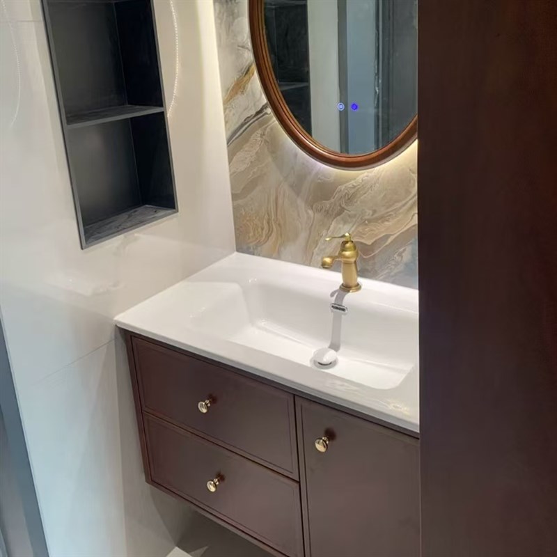 中古风实木烤漆浴室柜组合卫生间B陶瓷一体盆洗脸洗漱洗手盆胡桃