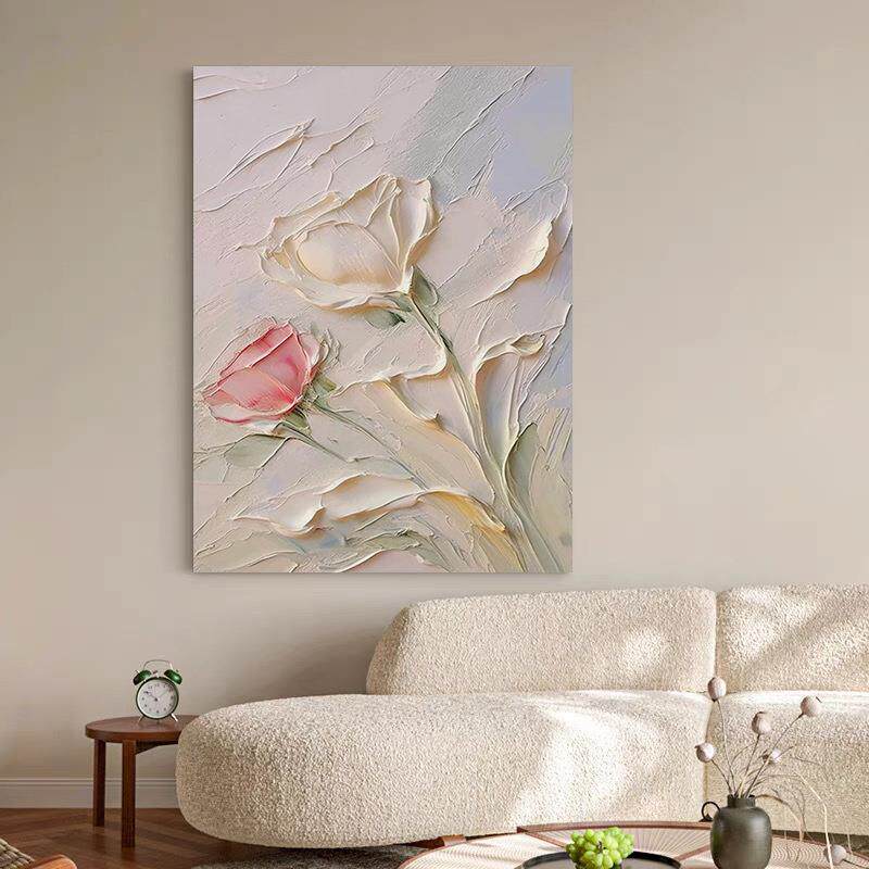 抽象玫瑰花手绘油画奶油风客厅玄关装饰画立体花卉肌理挂画大芬村
