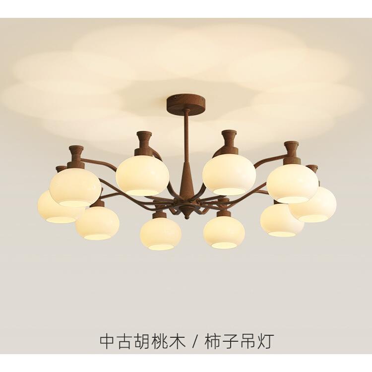 客厅吊灯中古风胡桃木色超美柿子玻璃灯美式轻奢复古感大厅灯