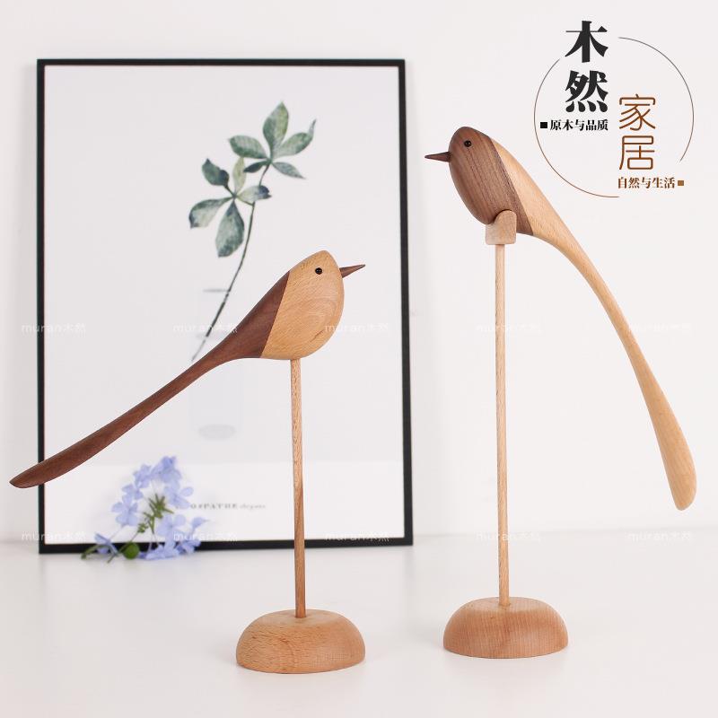 欧式客厅家居创意装饰摆件长尾榉木小鸟摆饰北欧木偶木制工艺品