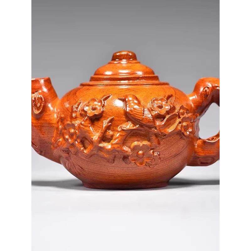 花梨木雕茶壶摆件实木雕刻把把壶客厅梅花鸟桌面装饰工艺品手把件