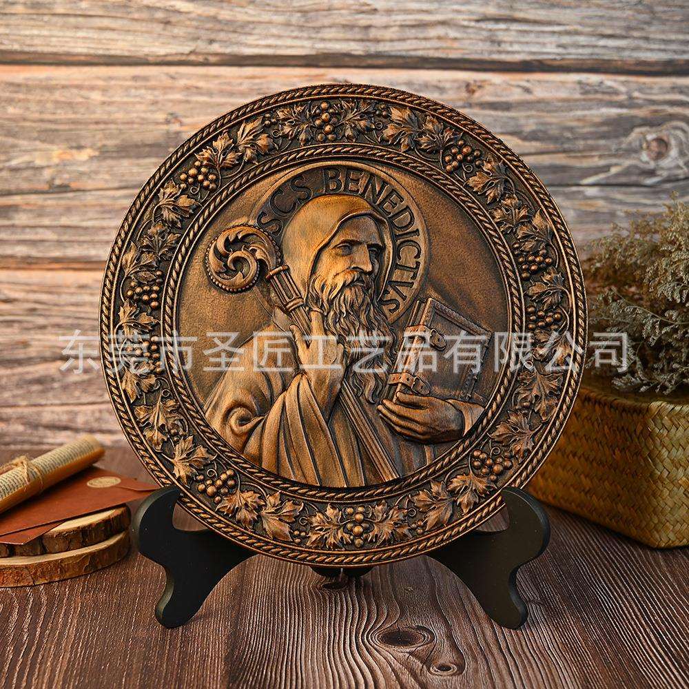 圣本笃圆盘圣牌实木雕刻木质工艺品圣徒祈祷桌面摆件装饰欧式装饰