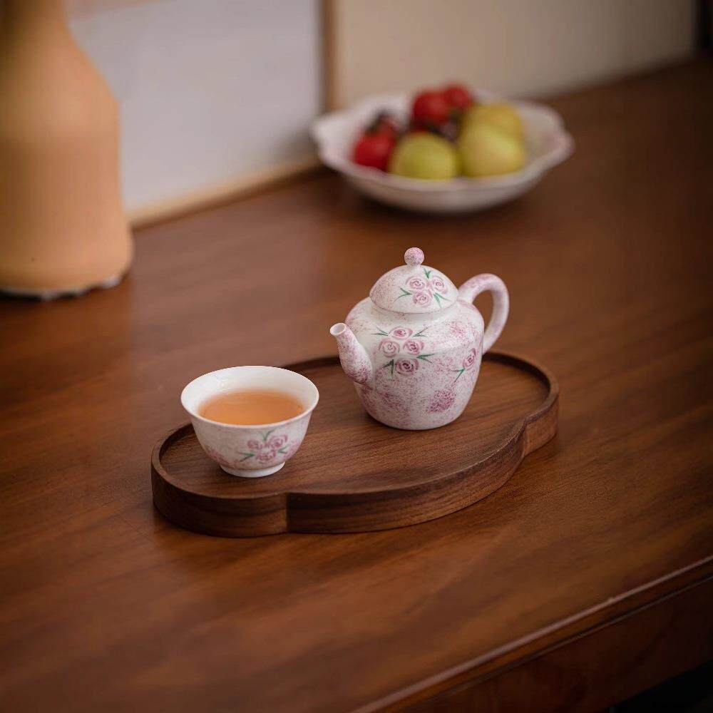 小清新手绘紫玫瑰茶壶陶瓷家用防烫泡茶壶女士带过滤单壶茶具