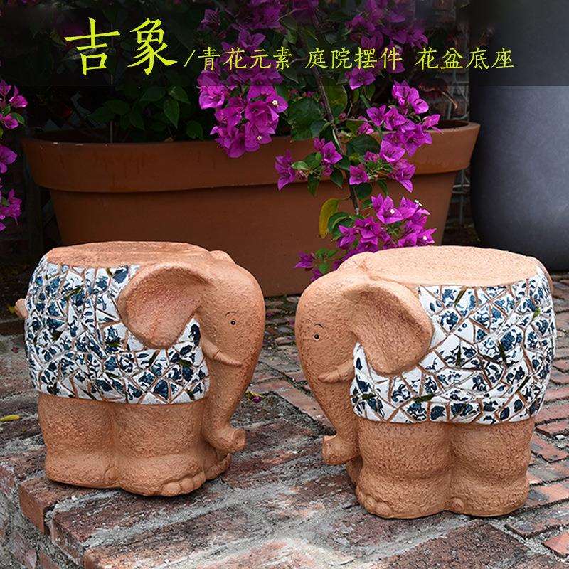 复古仿青花瓷大象花盆底座摆件创意户外园林动物雕塑庭院花园装饰