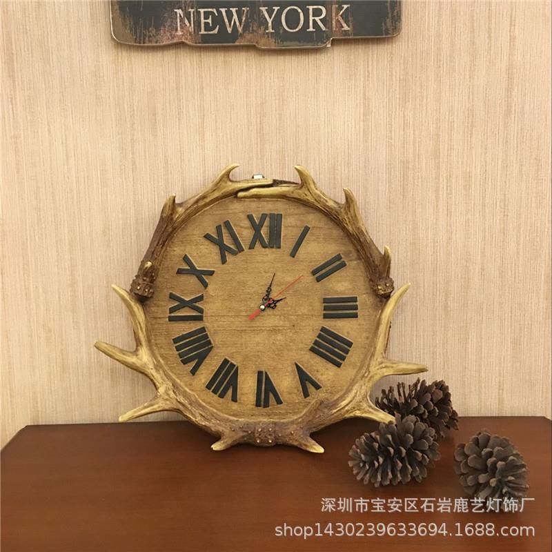 美式乡村复古创意树脂鹿角钟表挂饰客厅书房墙饰装饰挂件鹿角钟表