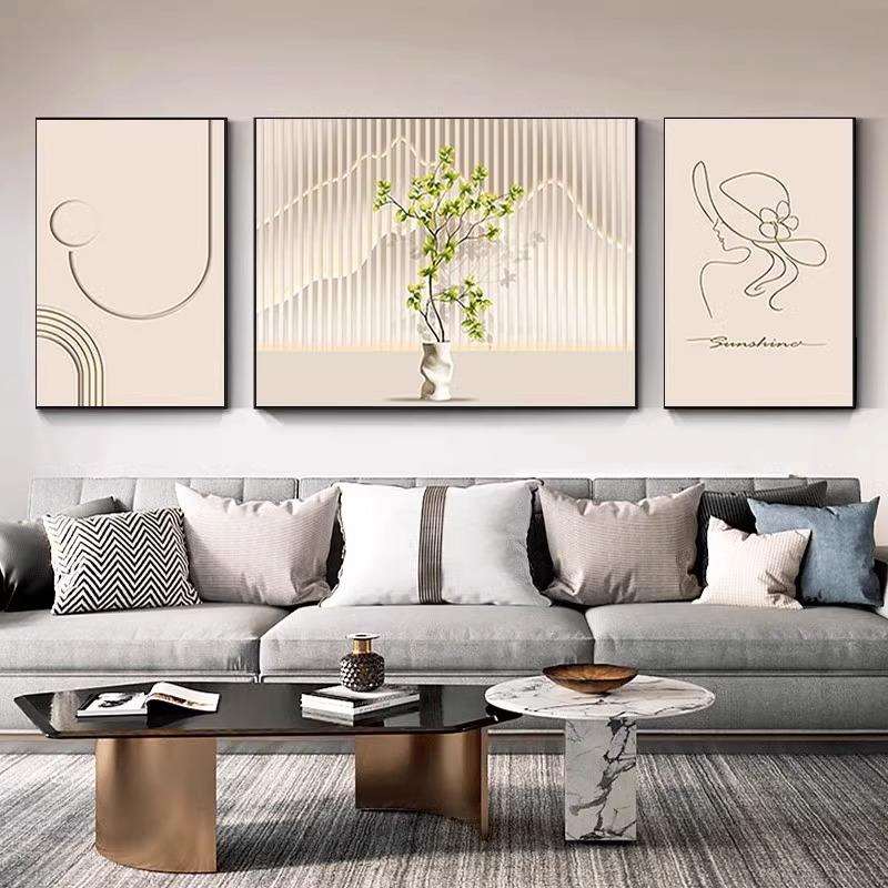 奶油风小清新客厅三联装饰画现代简约盆栽线条挂画北欧绿植花瓶