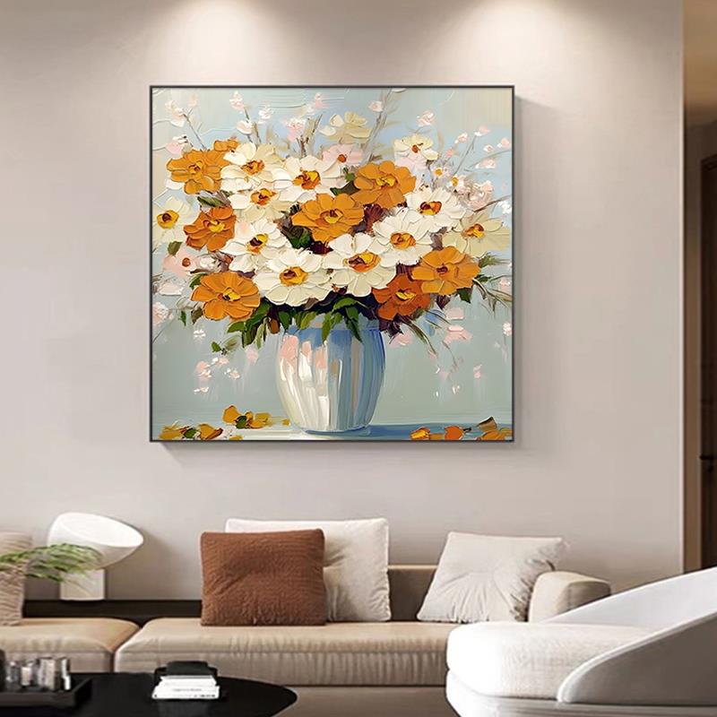 现代简约玄关手绘油画大芬村肌理花卉客厅挂画高档大气餐厅装饰画