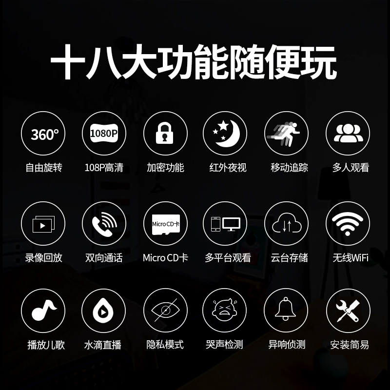 360全景智能云台摄像头1080P高清夜视无线wifi网络监控家用手室内
