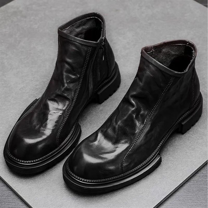 男士皮靴真皮时尚切尔西男靴高帮厚底拉链英伦马丁靴单层牛皮靴子