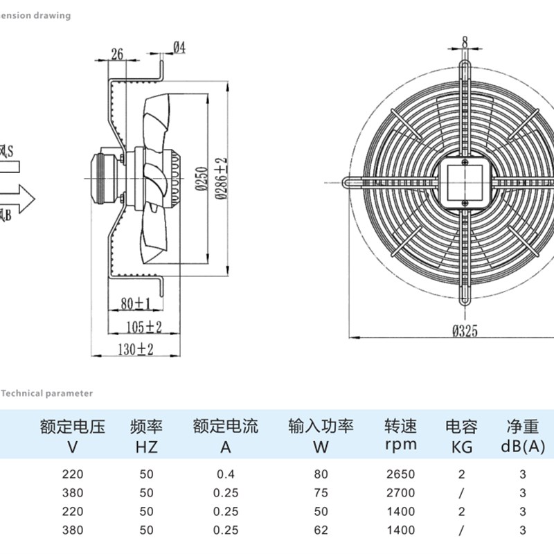 长风电机CF2T-250S/CF2S-250S外转子轴流风机高速直径250