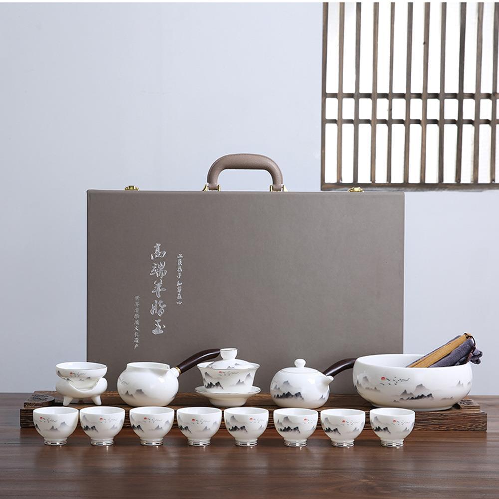 釉中墨彩羊脂玉茶壶套装可 接待室泡茶洽谈茶壶茶杯一整套
