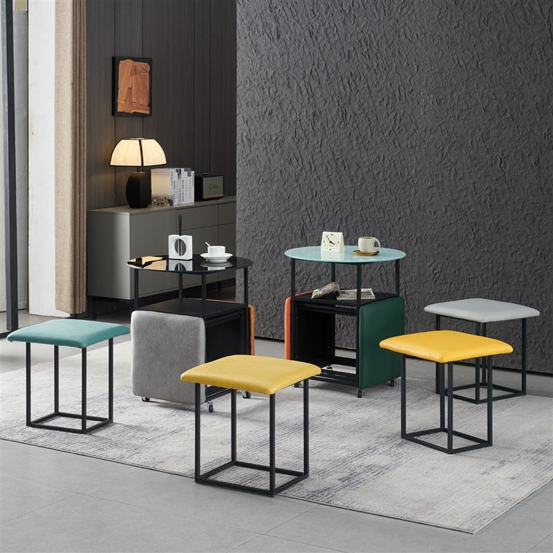 餐桌家用小户型钢化玻璃圆形休闲茶几凳子洽谈桌椅组合阳台小茶桌