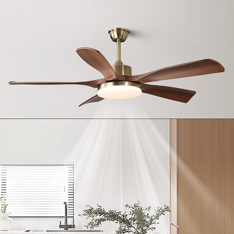 中古风餐厅风扇灯全光谱护眼家用饭桌灯侘寂风胡桃木纹客厅吊扇灯