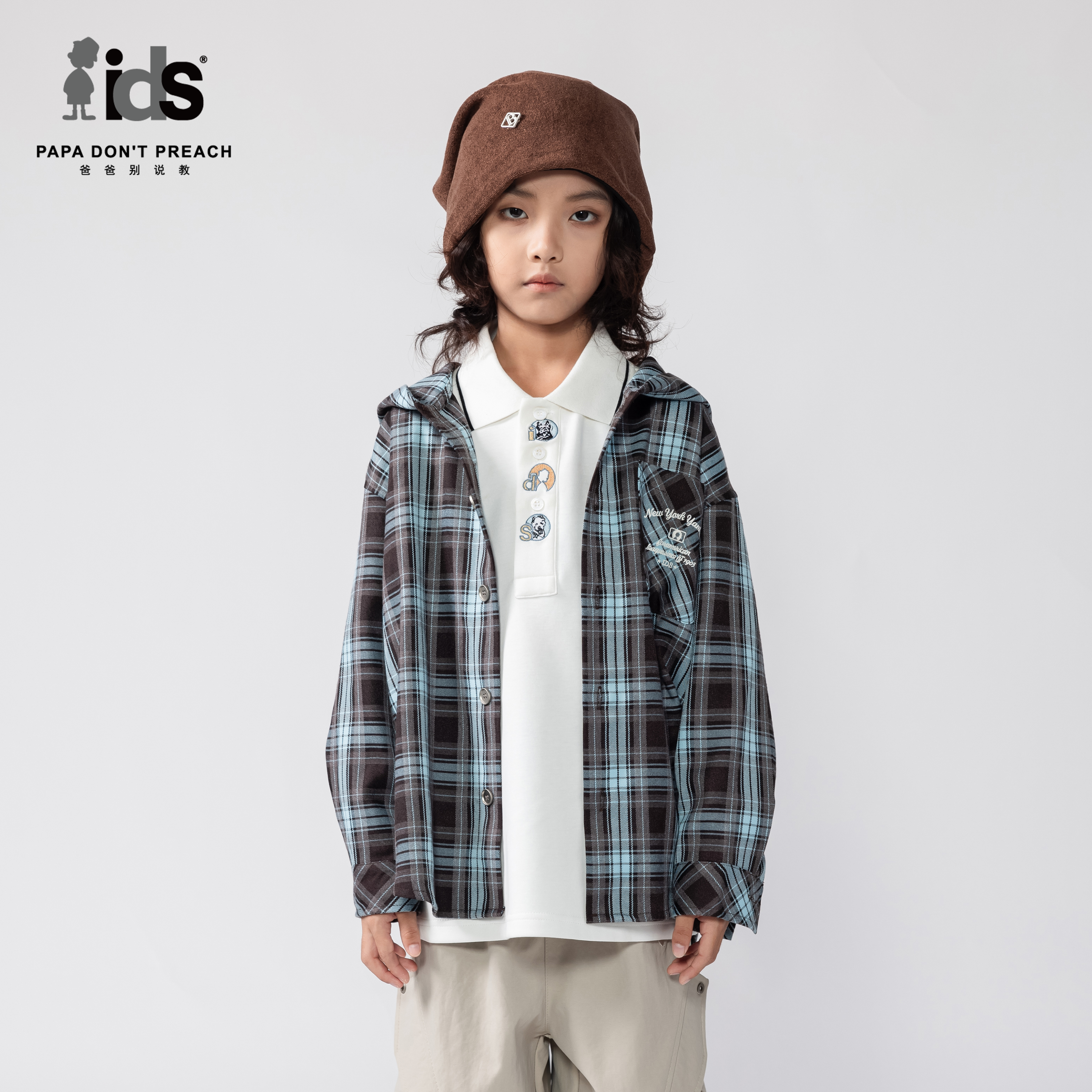 IDS童装秋冬格纹连帽抽绳外套