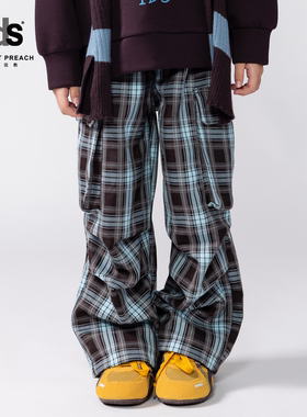 IDS童装格纹工装长裤小朋友大口袋复古经典格纹松紧腰直筒裤