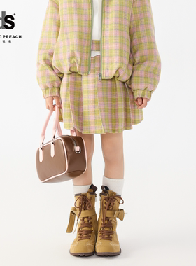 IDS童装格纹梭织半裙甜美轻盈复古撞色设计女孩百褶裙