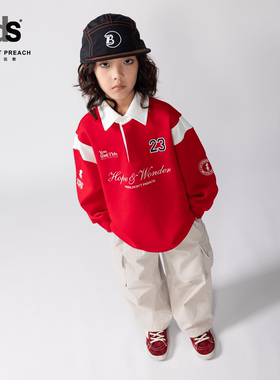 IDS童装POLO衫男孩运动风宽松美式复古个性字母刺绣翻领长袖上衣