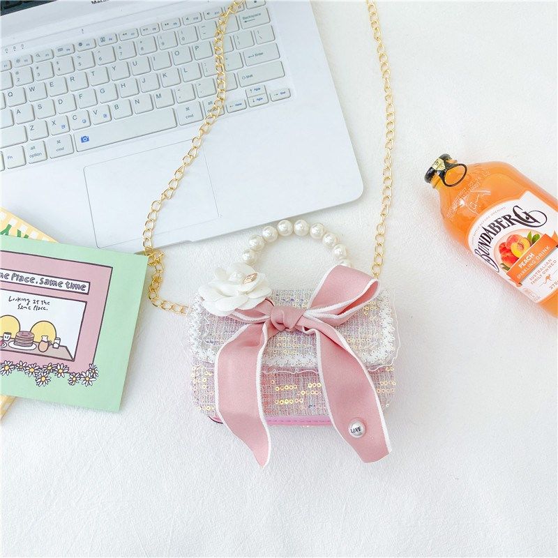 韩版女孩斜挎包时尚宝宝迷你珍珠手提包幼儿园小孩花朵链条单肩包