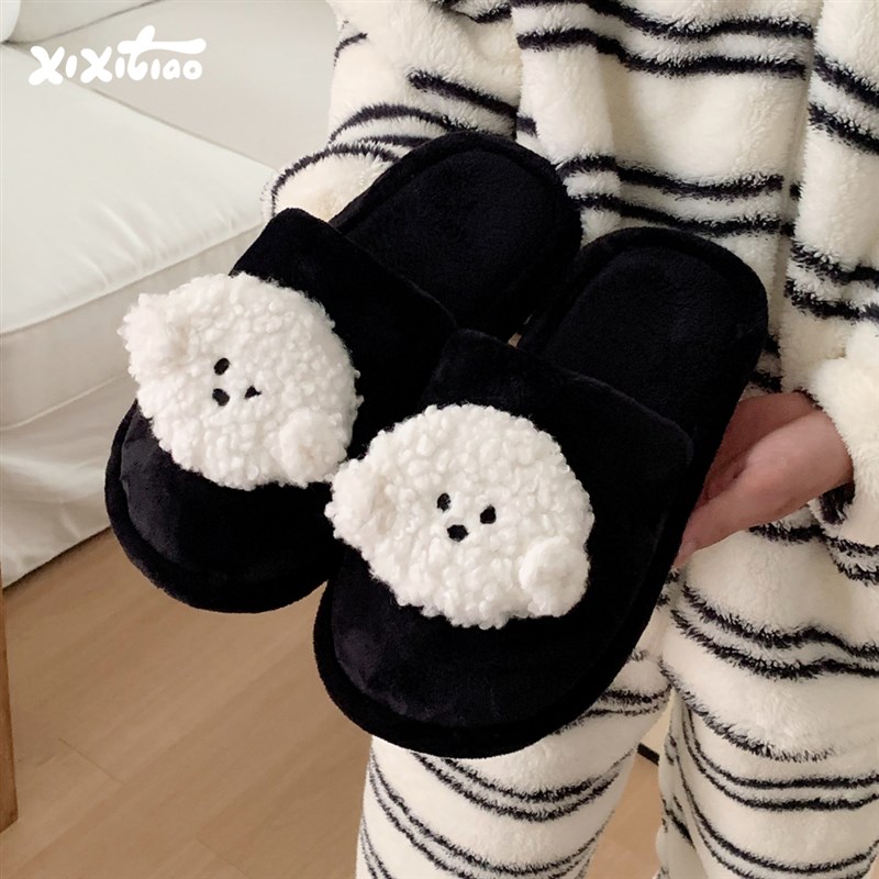 细细条 立体比熊小狗情侣居家棉拖鞋冬季趣味平底防滑毛毛拖男女