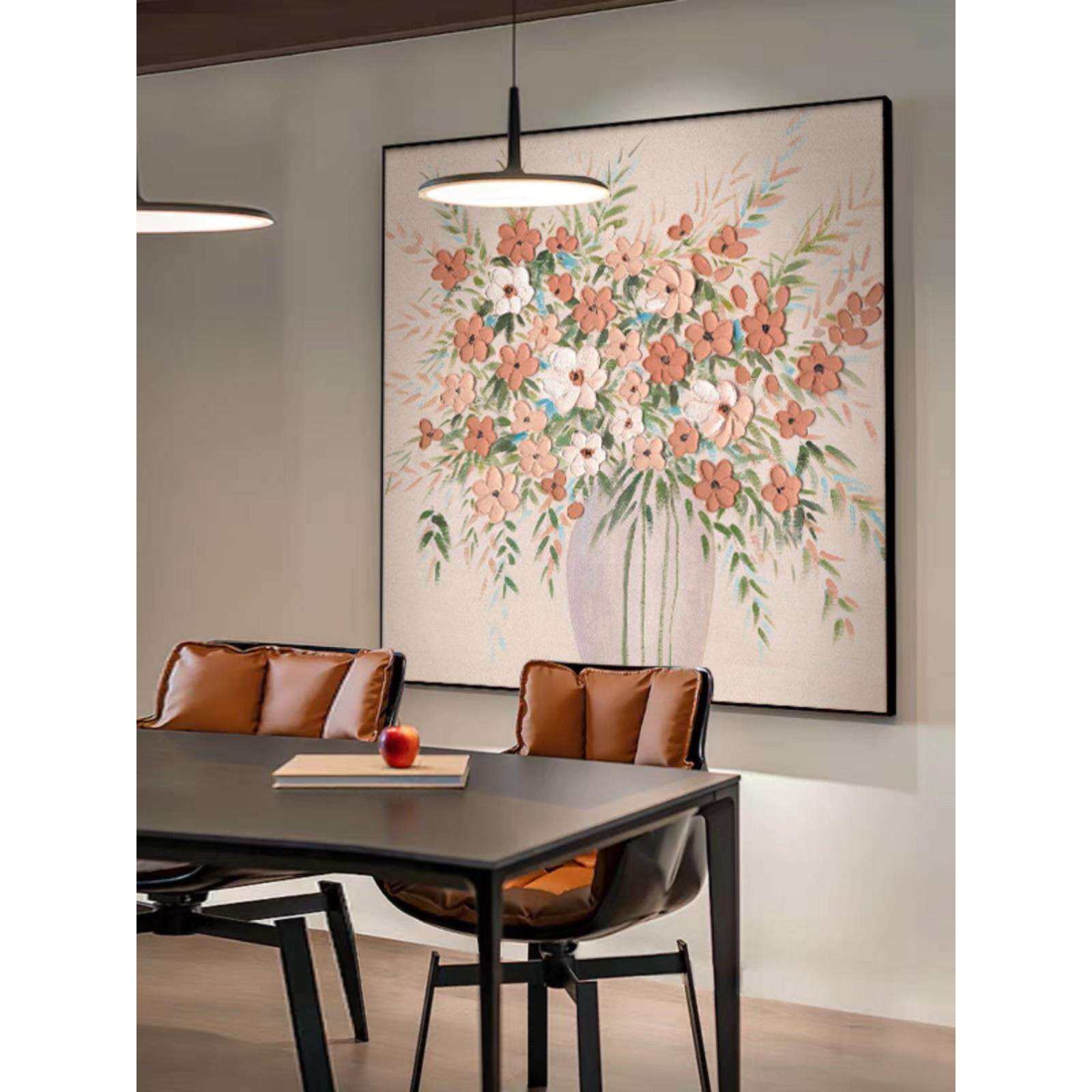 繁花似锦纯手绘方形餐厅装饰画北欧风大芬村油画肌理花卉客厅挂画