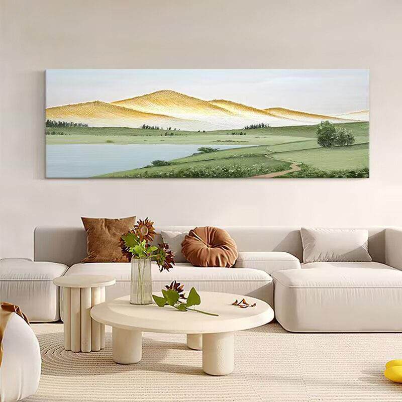 手绘油画横版风景客厅装饰画山水画高端卧室床头长条挂画日照金山