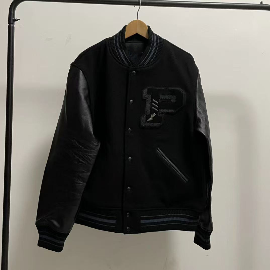破锣男装羊毛皮袖棒球服夹克外套男士上装外套